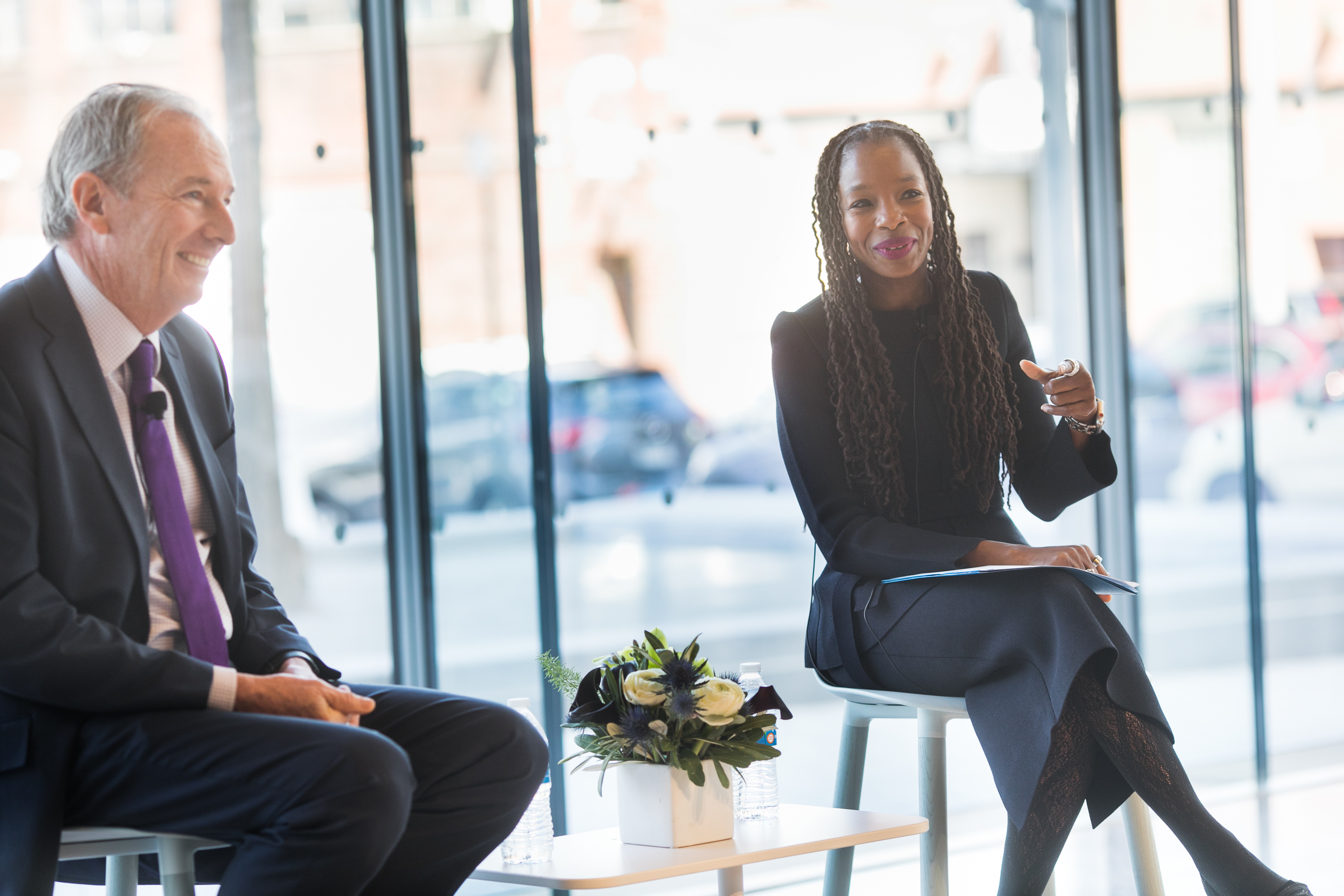 Modupe Akinola, associate professor of management, with James P. Gorman ’87, chairman and CEO of Morgan Stanley and chair of the Columbia Business School Board, discussing “Diversity, Equity, and Inclusion as a Core Organizational Value” at Reunion 2022.