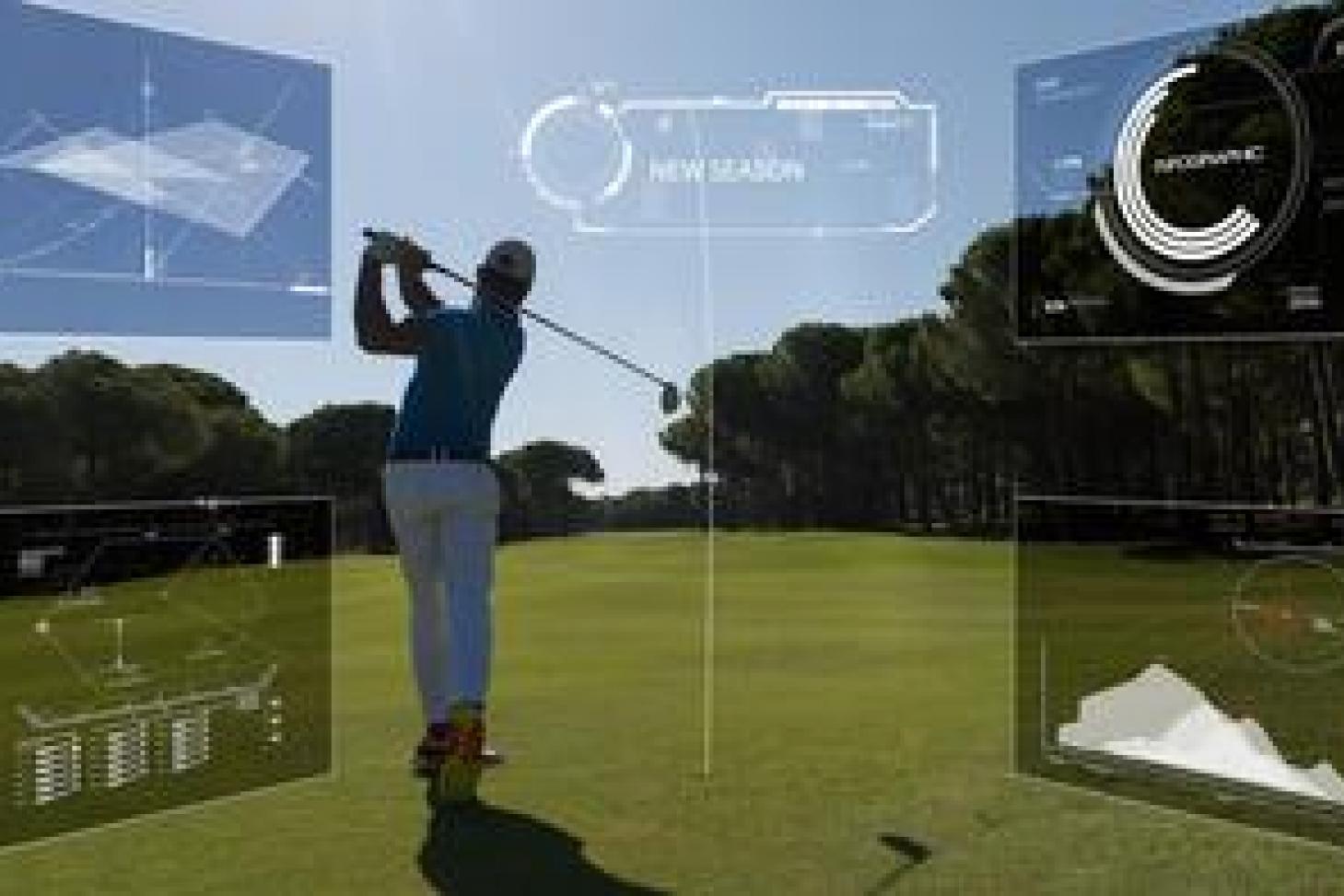 A man on a golf course swinging a club with translucent data streams on the for corners of the picutre.