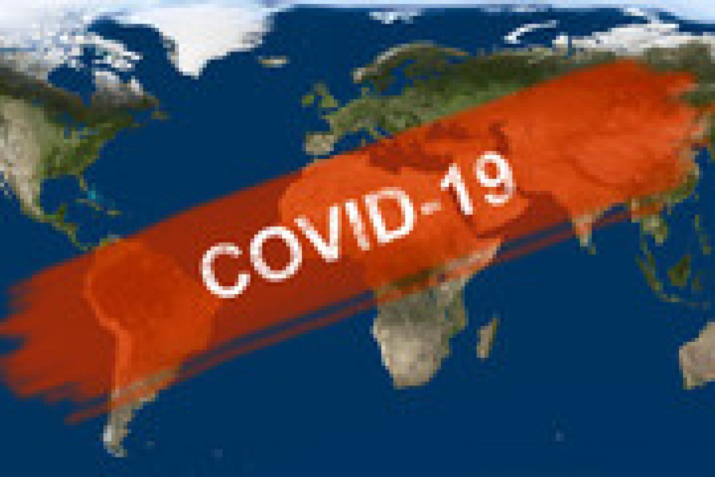 World map superimposed with the words "COVID-19"