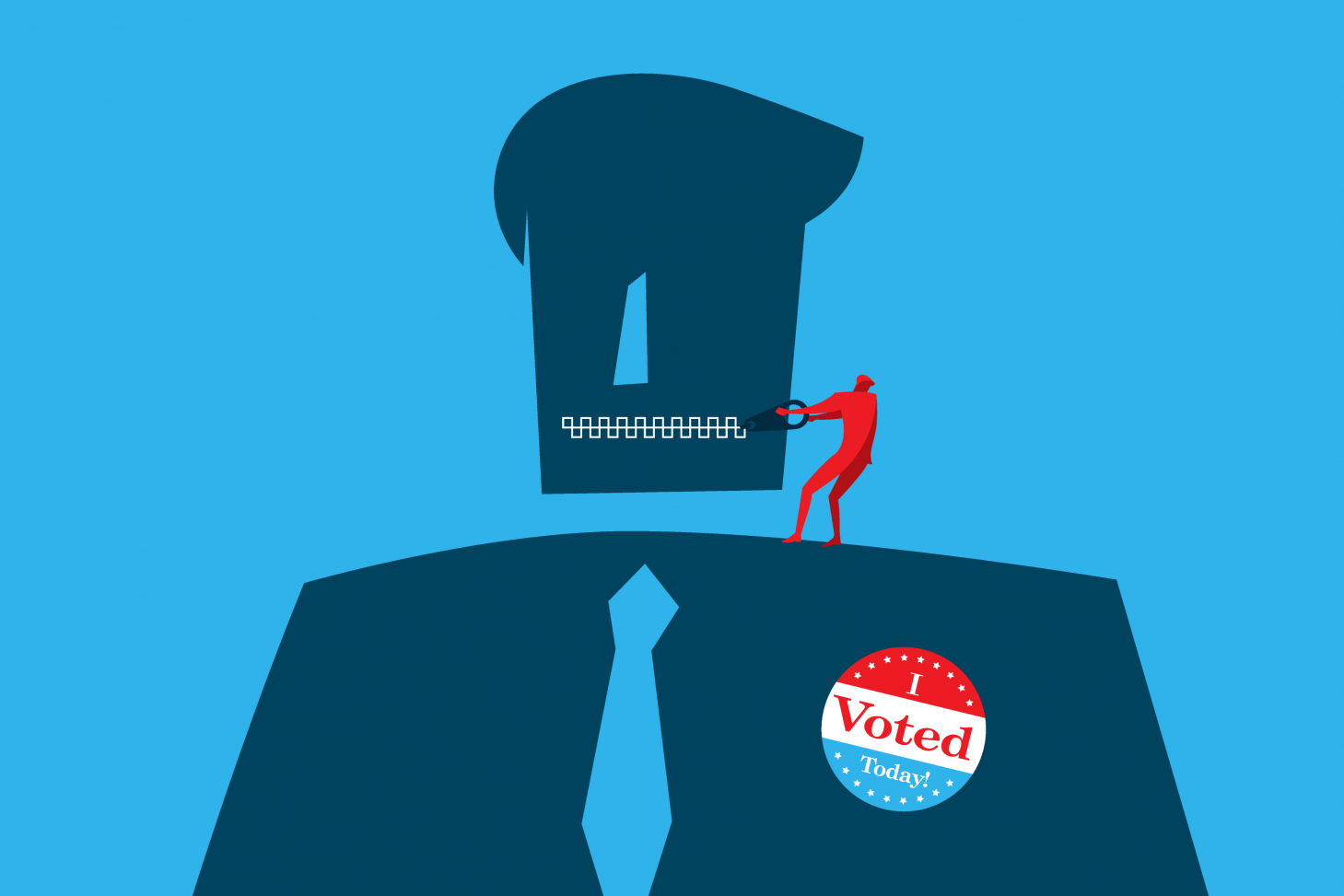 Person with a zipper mouth and I voted sticker
