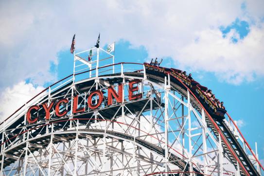 Riders plunge down a the Cyclone rollercoaster at Coney Island