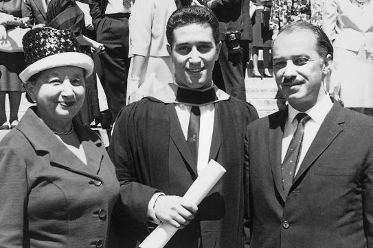 Meyer Feldberg holding his diploma as a young man with his father