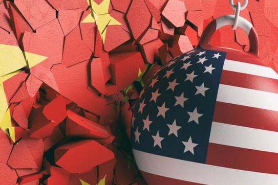 American flag wrecking ball hitting a Chinese wall flag