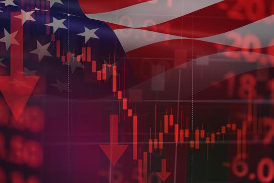US flag and a stock market chart