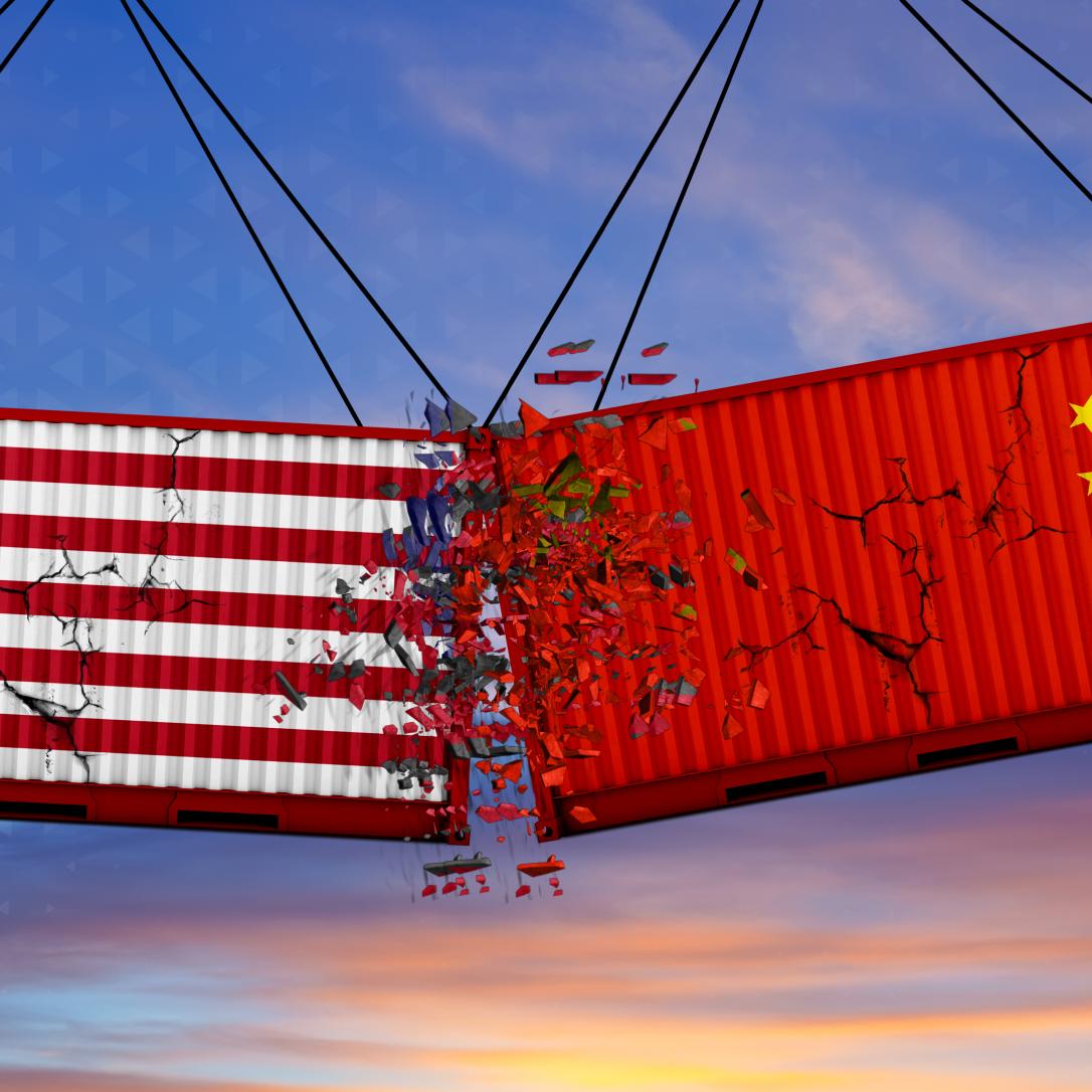 USA vs China trade war. US of America and Chinese flags on crushed containers, cloudy sky background, banner. 3d illustration